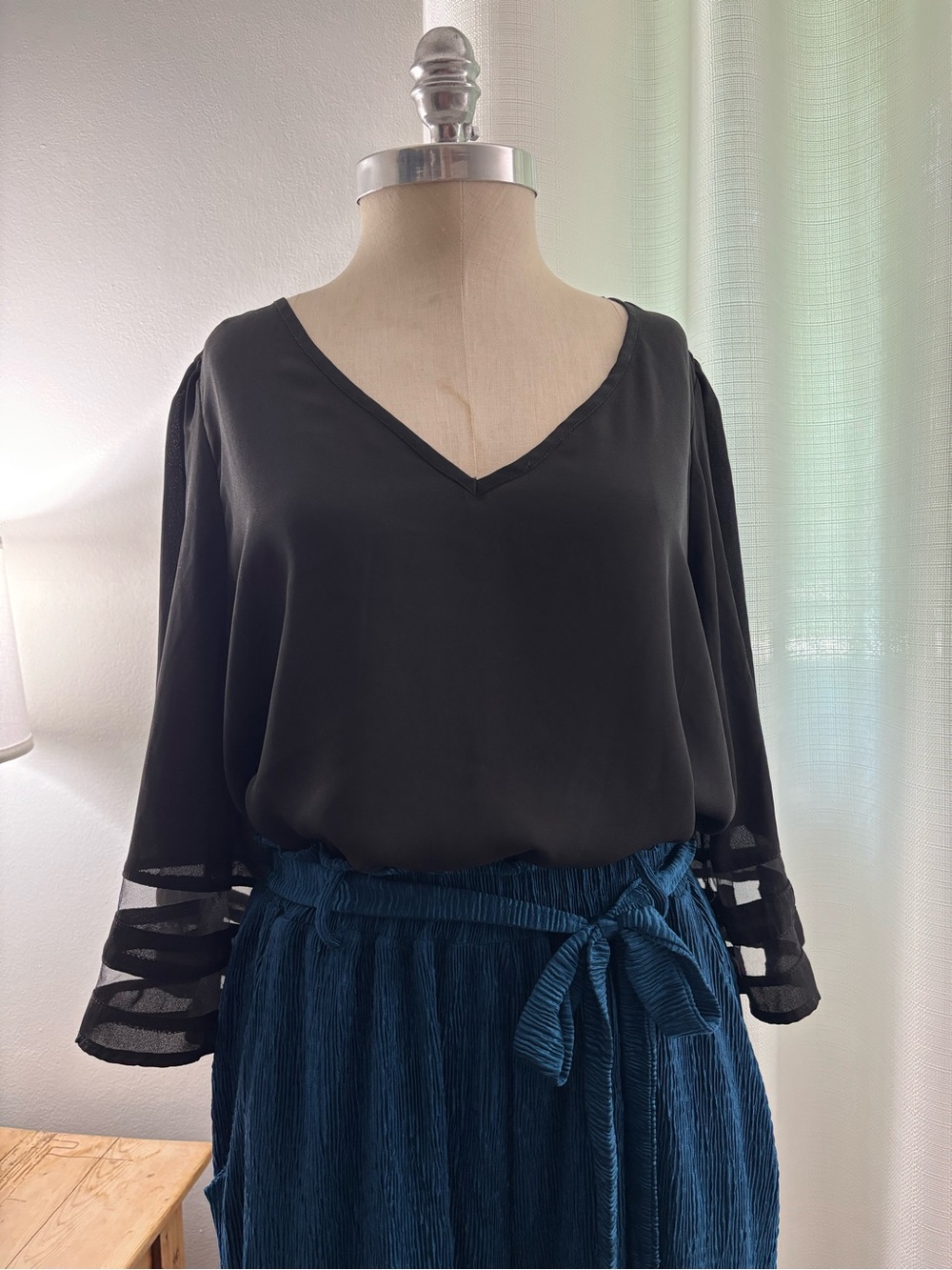 Women's Black V-Neck Blouse with Sheer Sleeve Bands